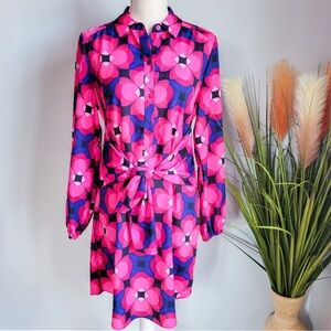 Trina Turk, Pink Popover Geo Floral Twist Tie Front Shirtdress Tunic,  Medium